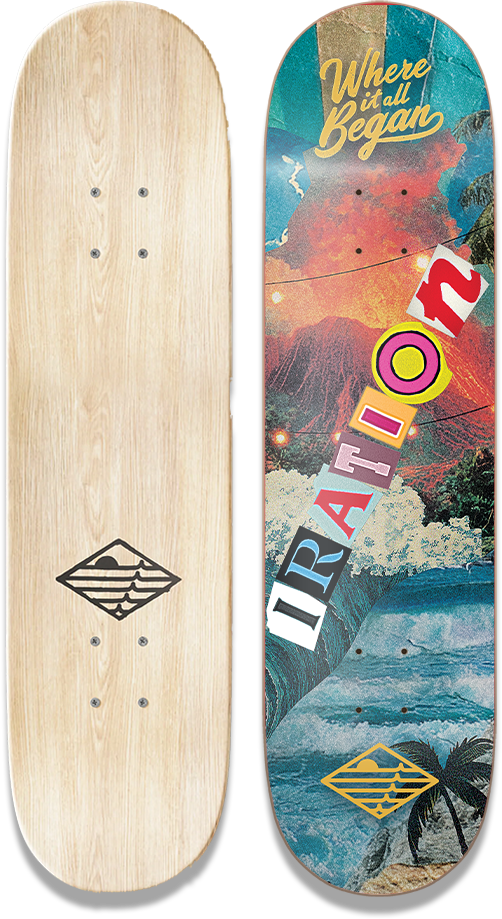 Where It All Began skateboard deck, top plain with diamond logo, bottom with album design